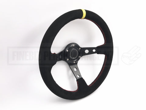 Suede Deep Dish Hole 350MM Steering Wheel - Red Stitching