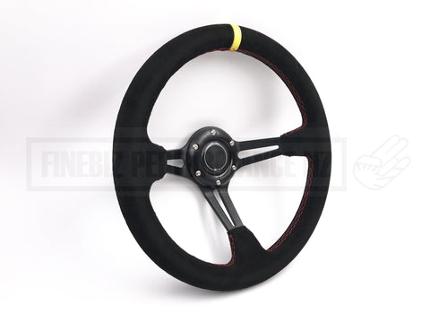 Suede Deep Dish Slot 350MM Steering Wheel - Red Stitching